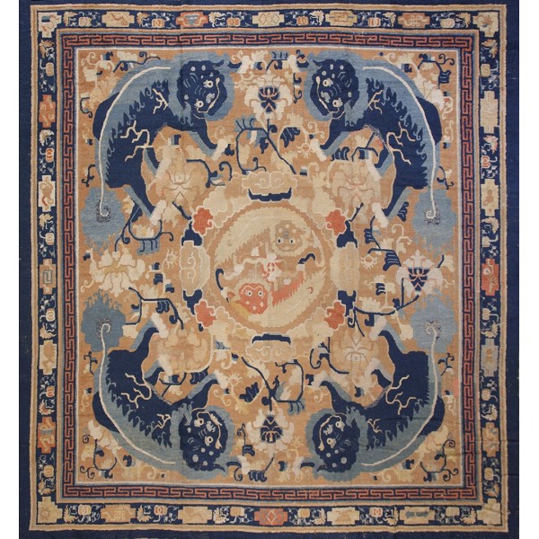 18th Century Chinese Ningxia Main Hall Carpet with Foo Dogs